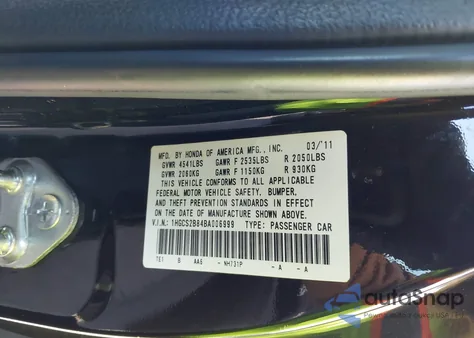 2011 Honda Accord 3.5 Ex-L из США, поврежденный, VIN 1HGCS2B84BA006999